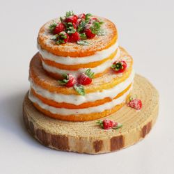 Dolls house miniature food, naked two tiers cake with strawberries for dolls, dollhouse accessories at 1:12 scale