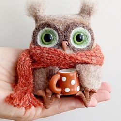 Needle Felted Owl/OOAK Owl/Bird lover gift/Owl holds a mug/Cute Owl/Nursery decor/Birthday Gift/Waldorf Owl sculpture