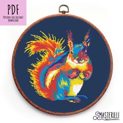 Rainbow squirrel cross stitch pattern PDF , JPG forest animal cross stitch pattern, pop art style chart for beginners