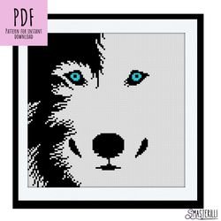Black and white wolf cross stitch pattern PDF JPG., husky cross stitch pattern , easy dog ornament for beginners