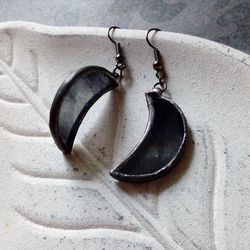 glass crescent earrings, black crecsent, witchy, goth aesthetic, witch earrings, tin soldered moon earrings