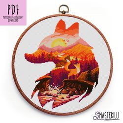 Fox cross stitch pattern PDF, animal silhouette cross stitch pattern, orange autumn landscape cross stitch pattern