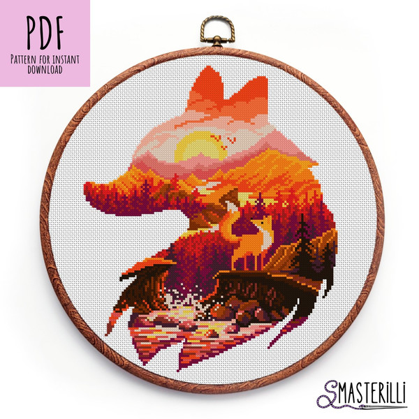 Fox silhouette with autumn forest on sunset cross stitch pattern PDF by Smasterilli.JPG