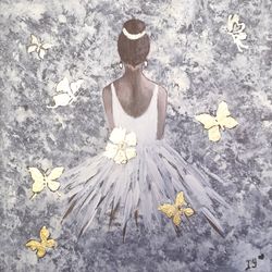 ballerina painting gold leaf artwork original art ballet painting golden butterfly art 12x12" by artroom22