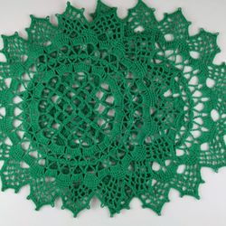 Set of 2 green crocheted transparent lacy place mats for dinning table decor in cozy kitchen