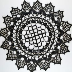 Black crocheted transparent lacy placemat for dinning table decor or rustic crochet lid for glass jar