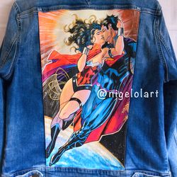 Superman Superhero Painted Denim Jacket Handmade Blue jeans jacket DC Comics Wonder Woman Batman Superwoman gift