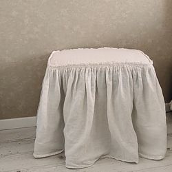 Square pouf cover,Linen cover for a pouffe with ruffles, French pouffe with ruffles,Softened linen cover