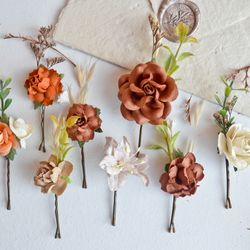 Autumn flower hair piece, Floral hair clip, Terracotta  wedding, Wedding hair pins, Orange hair comb