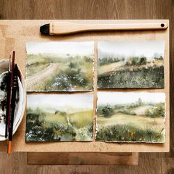 Foggy landscapes, set of 4 watercolor green sketches on paper, size 4"x6"