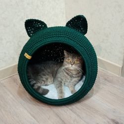 CAT HOUSE,CAT BEd, cute cave bed for pet, green cat house, cozy crochet cat bed with ears, transformer bed for cats