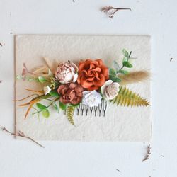 Boho hair comb, Bridal floral comb, Orange flower comb, Rustic wedding comb, Floral hair clip