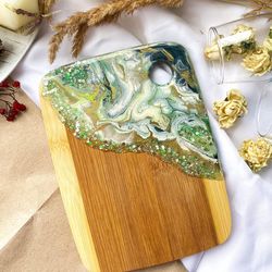 Serving wooden board snacks with epoxy resin cheesboard handmade food tray decor home