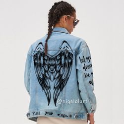 Wings Angels Painted denim jacket Handmade jacket Custom jacket gift personalized jacket Blue denim jacket