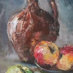 original oil painting still life "jug and apples"