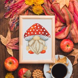 Gnome mushroom, Cross stitch pattern, Mushroom cross stitch, Counted cross stitch
