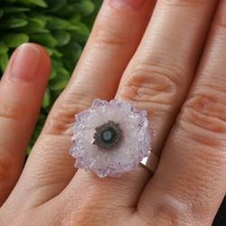 Amethyst Stalactite Slice Ring Adjustable Sterling Silver Light Purple Lilac Amethyst Crystal Druze Ring Jewelry 7771