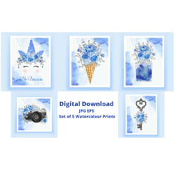 set of 5 watercolour prints,wall gallery set,printable wall decor,poster for kids room,nursery wall art,blue poster set