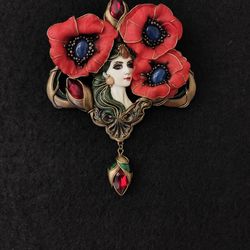 Virgin with Poppies, poppy brooch, red poppies, red flowers,poppy jewelry