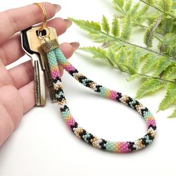 Ethnic Glamour Wristlet Keychain, Beaded Keychain, Ethnic Style Wristlet, Wrist Keychain, Mint Pink Glamour Key Fob