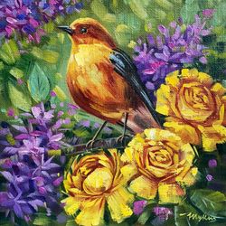 Bird painting original oil Yellow roses painting on canvas Flower painting Small artwork 8 by 8 KatrinaOrlovaArt