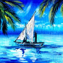 Hawaii Painting Sailboat Painting Tropical Seascape Original Oil Painting Landscape Art Palm Small Painting 5 by 4 Katri