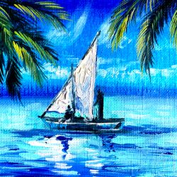 hawaii painting sailboat painting tropical seascape original oil painting landscape art palm small painting 5 by 4 katri