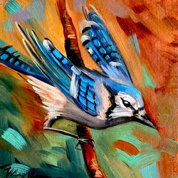 Blue Jay Painting Bird Painting Oil Painting Original Art Animal Wall Art Small Artwork 4 by 4" KatrinaOrlovaArt