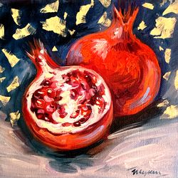 Pomegranate Painting Fruit Painting Oil Painting Kitchen Wall Art Original Art on Canvas Small Painting 6 by 6"