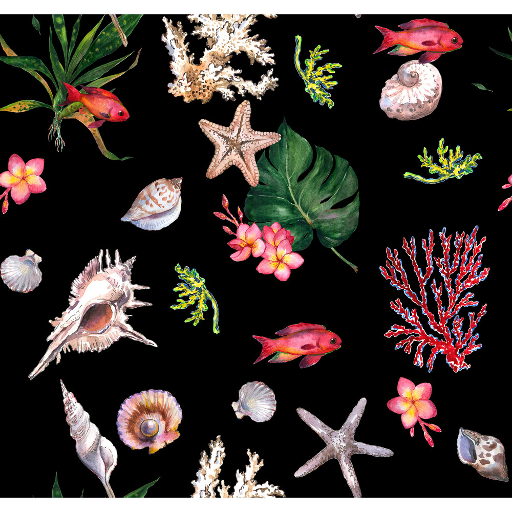 Bright fashion trendy watercolor pattern sea print wallpaper seamless decor textile fabric in a marine theme with corals, shells, fish, tropical flowers, and le