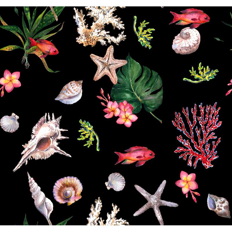 Bright fashion trendy watercolor pattern sea print wallpaper seamless decor textile fabric in a marine theme with corals, shells, fish, tropical flowers, and le