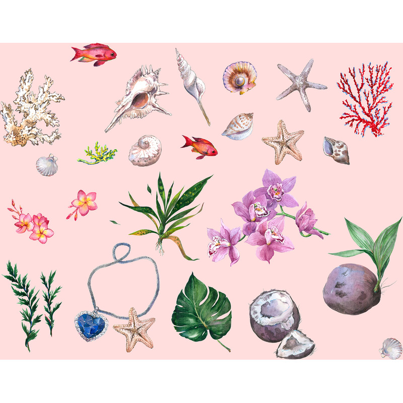 Bright fashion trendy watercolor pattern print wallpaper seamless decor textile fabric in a marine theme with corals, shells, fish, tropical flowers, orchids, c