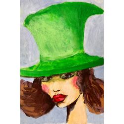 girl in green hat painting st patrick's day gift female portrait irish hat wall art saint patrick's day  painting