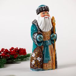 Russian Santa in Turquoise coat, Collectable wooden figurine, 7,8 inches tall, Christmas gift, Christmas decor