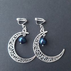 celestial clip on earrings, moon crescent clip on earrings, silvery pearls earrings, gothic earrings