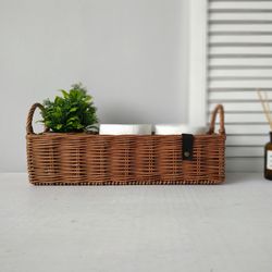 Toilet paper basket. Wicker bathroom basket. Rectangular storage box. Woven holder basket. Long tray. Laundry organizer