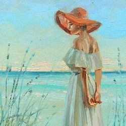 Lady Woman Romantic Beach Seal Landscape Original Oil Painting Impressionism Art