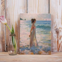Beach Sea Landscape Girl Woman Original Oil Painting