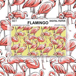 Flamingo Digital Paper JPG EPS Vector Seamless Pattern Birds print repeating fabric clothes  nature  wallpaper drawing
