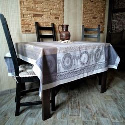 Linen tablecloth 59.05 x 59.05 inches jacquard weaving, color pattern European flax