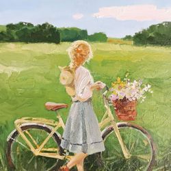 Girl Bicycle Wild flowers Meadow Landscape Original Oil Painting