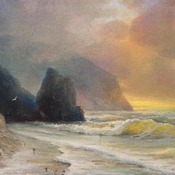 By the Sea Waves Coastal Beach Sunset Landscape Original Oil Painting