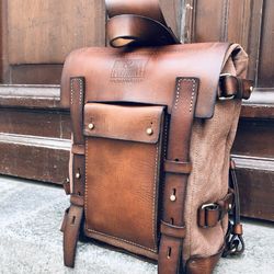 Leather Canvas Backpack Sling Backpack Messenger Bag Satchel Vintage Leather Bag