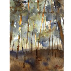 pine forest small art original watercolor painting by yulia evsyukova