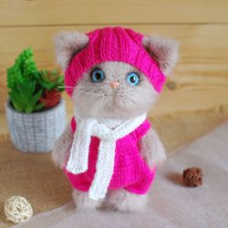 Crochet cat stuffed animal cute handmade toy. Crochet doll cat in clothes is room decor or cat lover gift.