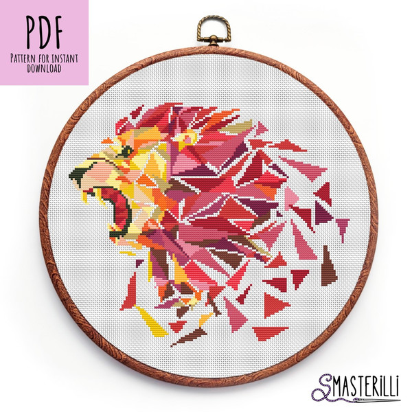 Modern geometric cross stitch pattern with leon , low poly embroidery ornament PDF by Smasterilli.JPG