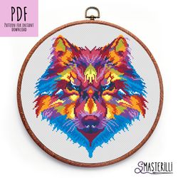 Rainbow wolf cross stitch pattern PDF, geometric animals cross stitch pattern, symmetrical ornament cross stitch pattern