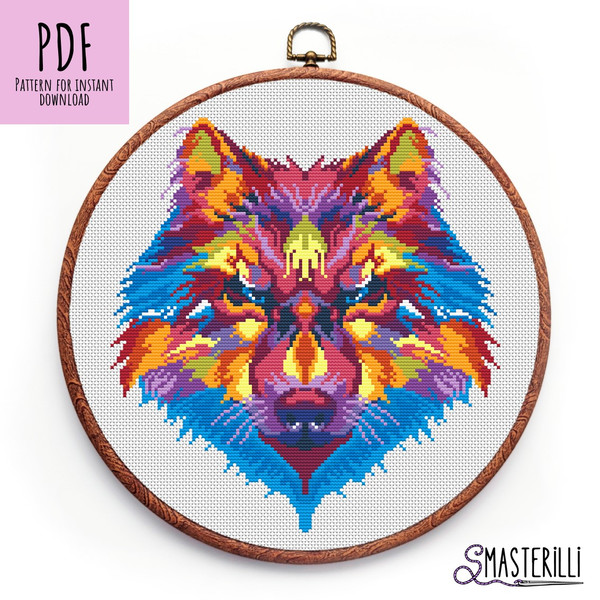 Modern geometric cross stitch pattern with wolf, rainbow embroidery ornament PDF by Smasterilli.JPG