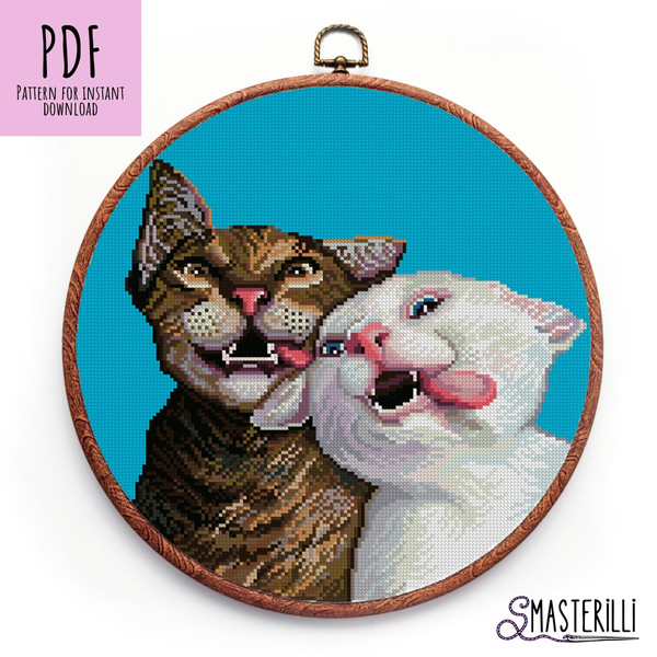 Two smiling cats cross stitch pattern PDF , white cat and tabby cat embroidery ornament by Smasterilli.JPG
