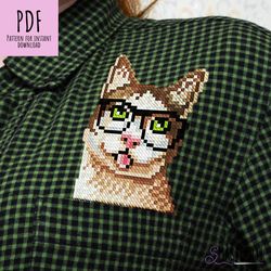 Smart cat with glass cross stitch pattern PDF JPG embroidery ornament on the pocket , kittie counted xstitch chart